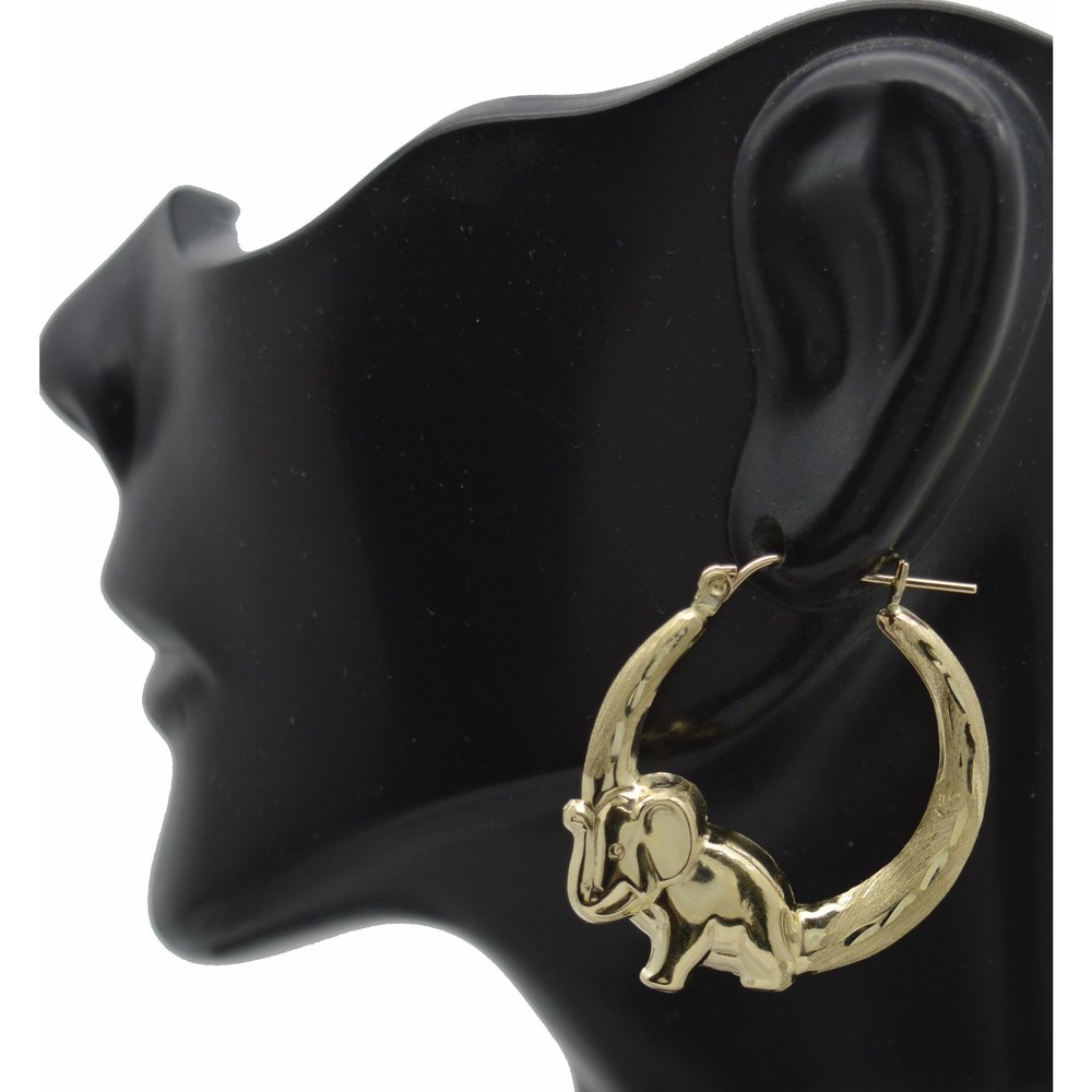 Real 10K Yellow Gold 30mm Lucky Elephant Shape Diamond Cut Hoop Earrings 2.9gr
